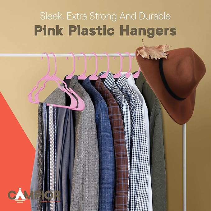 Pink Plastic Hangers 120 Pack– Heavy-Duty Plastic Hangers Slim and Space-Saving, Durable and Lightweight PP with Non-Slip Shoulder Notches for Slip Dresses, Suits, Jackets & Camisoles