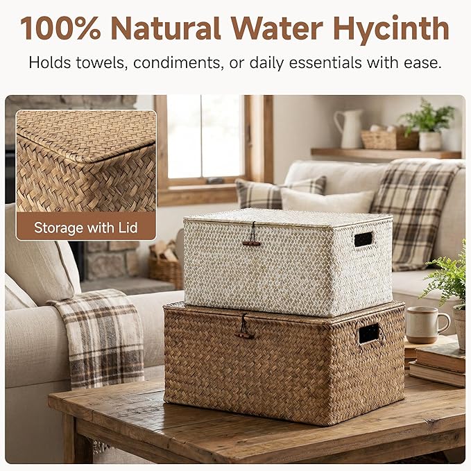 StorageWorks Extra Large Wicker Baskets, Seagrass Storage Baskets for Shelves, Decorative Box with Built-in Handles,Brown