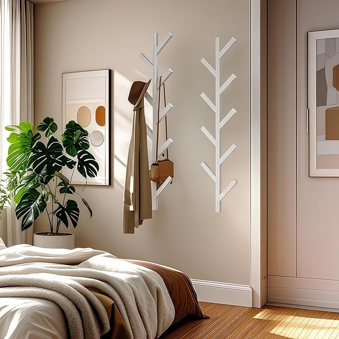 2 Pack Vertical Coat Rack Wall Mounted - 9 Hooks, Coat Hooks for Wall, Modern Metal Coat Tree for Hats, Jackets, Bags, Entryway Bedroom-White (Height 37.8")