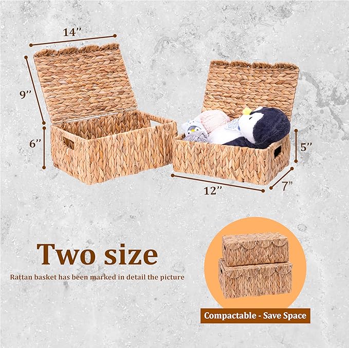 Set of 2 Scalloped Edge Wicker Basket with Lids, Rectangle Wicker Storage Basket with Built-in Handles, Multipurpose Organizer Rattan Display Boxes for Shelf, Nursery Room