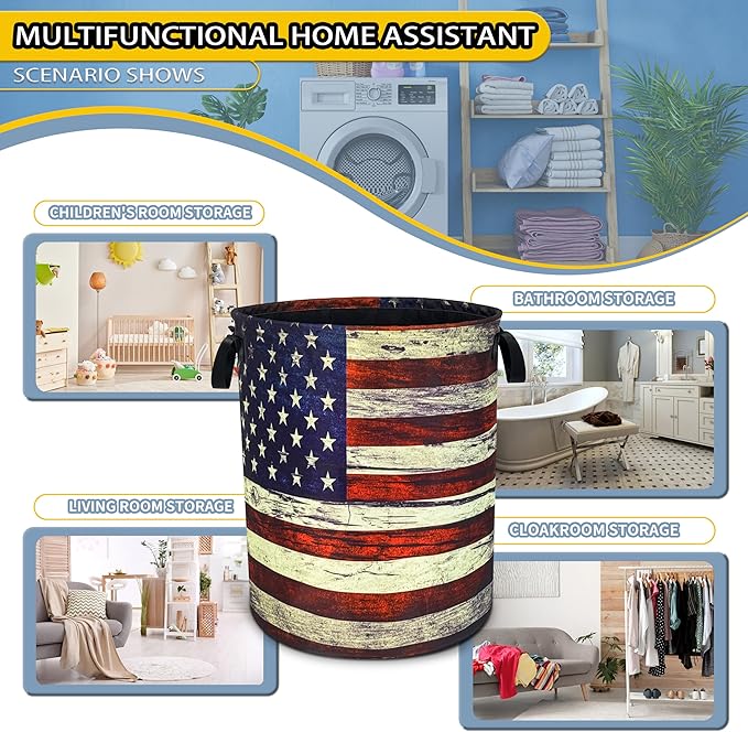 Retro American Flag Laundry Basket Patriotic Foldable Oxford Cloth Funny Tote Bag Laundry Hamper Clothes Storage Bucket Toy Organizer For Bathroom/Laundry Storage/Bedroom 18.9x16.5 Inch