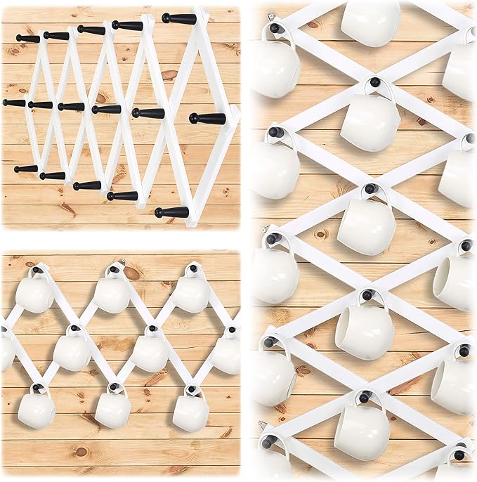 Dseap Accordian Wall Hanger: 16” High Wooden Wall Expandable Coat Rack, Hat Rack Holder, Accordion Hook for Baseball Caps, Coats, Mugs, 16 Peg Hooks, White & Black