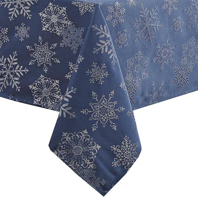 Newbridge Fancy Metallic Snowflake Christmas Fabric Tablecloth, 60 x 102 Inch Rectangle, Navy Silver, No-Iron Soil Resistant Sparkling Snowflakes Woven Holiday Table Cover