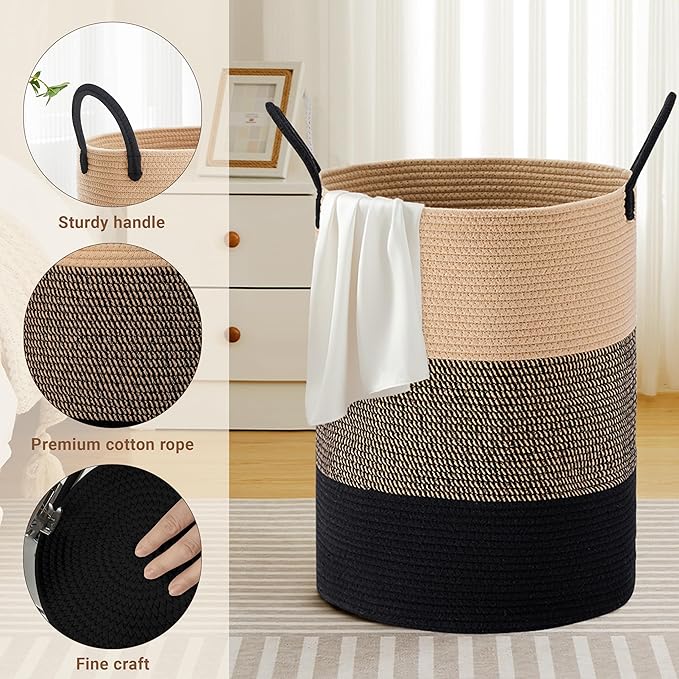 Tall Laundry Basket with Handles, 100L Portable Dirty Clothes Hamper, Boho Cotton Rope Storage Bin for Blankets Kids Toys, Extra Large Organizer for Nursery Bedroom Bathroom, Brown & Black