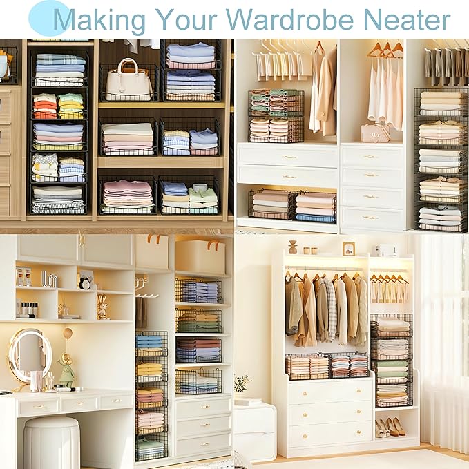5-Tier Stackable Closet Organizers and Storage Shelves, Extend Clothing Closet Shelf Bins for Wardrobe Kitchen Office Bathroom, Clothes Organizer System-Wider Mouth Design, Black