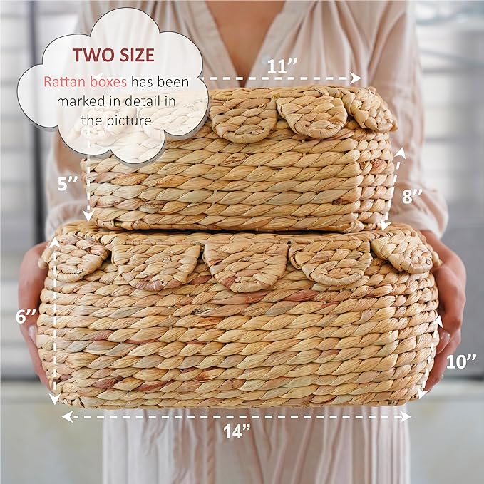 Set of 2 Wicker Storage Baskets with Lid, Rattan Basket Decorative Boxes, Woven Storage Box Hyacinth Basket with Lids, Small Scalloped Edge Wicker Baskets with Lids