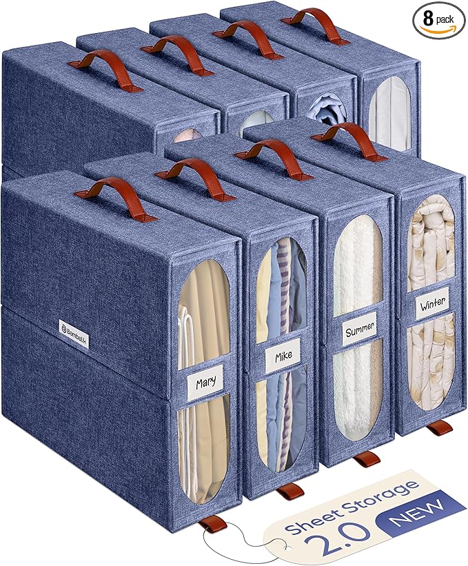 8x Bed Sheet Organizer Storage Boxes with Big See-Through Windows | Bedsheet Organizers Redesigned. Robust Bed Sheet Storage |15x13x5 Inches Sheet Organizers Containers (Denim)