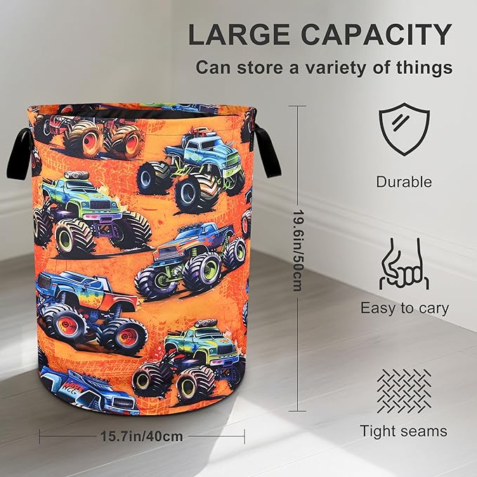 Monster Truck Laundry Basket Laundry Hamper With Handles Collapsible Laundry Baskets Storage Basket For Room Bathroom Bedroom Decor