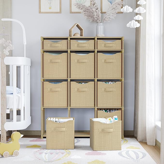 12 Cube Storage Organizer With Bins Included - Closet Storage With 12 Storage Bins - Easy To Assemble Storage Unit With Drawers - Closet Organization For Clothes, Bedroom, Nursery, & Toys (Beige)