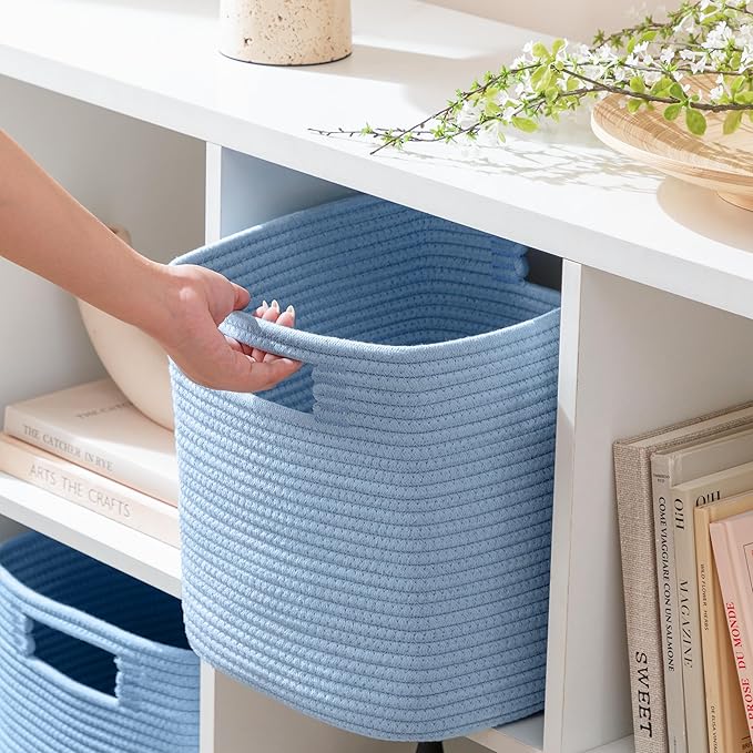 UBBCARE Storage Cubes 11 Inch, Cotton Rope Woven Baskets for Organizing, Cube Storage Bin for Baby Nursery, 4-Pack Square Toy Storage Baskets for Shleves Organizer, Closet, Kidsroom, Blue