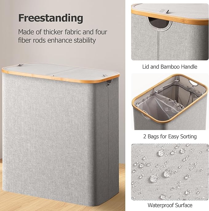 HBlife 145L Extra Large Double Laundry Hamper with Lid and Removable Inner Bag, 2 Section Collapsible Dirty Clothes Basket Organizer for Bathroom, Bedroom and Laundry Room, Light Grey