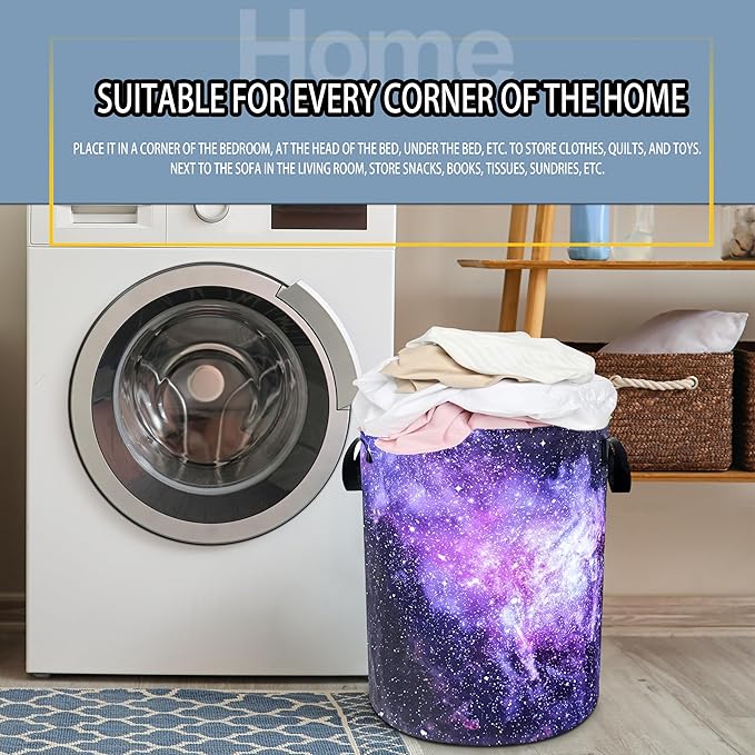 Pink Purple Galaxy Laundry Basket Universe Starry Sky Foldable Oxford Cloth Funny Tote Bag Laundry Hamper Clothes Storage Bucket Toy Organizer For Bathroom/Laundry/Bedroom 18.9x16.5 In