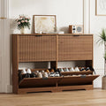 Shoe Cabinet Storage for Entryway with 4 Flip Drawers, Walnut Fluted Shoe Cabinet with Adjustable Shelves, Wooden Hidden Shoe Rack Freestanding Narrow Slim Shoes Storage for Hallway, Entrance