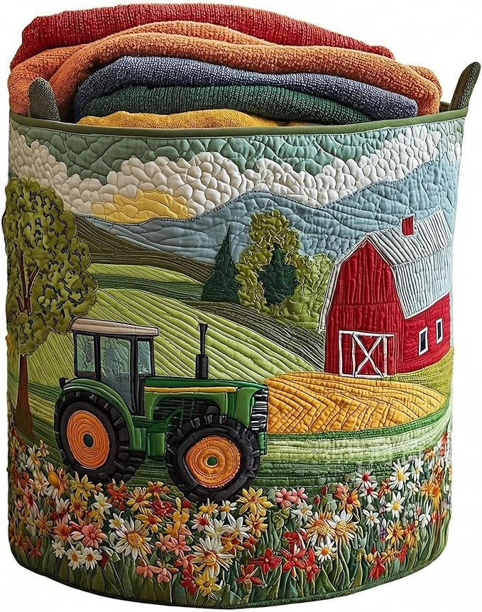 Quilted Laundry Basket with Handles, Boho Floral Fabric Storage Hamper, Large Soft Quilted Laundry Basket for Nursery, Bedroom, Laundry Room,Clothes & Toys (Forest Trees Pattern B, S)