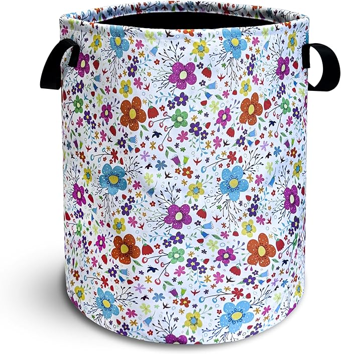 Colorful Artistic Flowers Laundry Basket Floral Foldable Oxford Cloth Funny Tote Bag Laundry Hamper Clothes Storage Bucket Toy Organizer For Bathroom/Laundry Storage/Bedroom 18.9x16.5 Inch