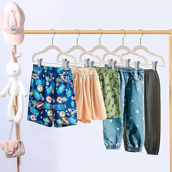 100 Quality Kids Plastic Non Velvet Non-Flocked Thin Compact Skirt Pant Coat Hangers with Metal Clips for Skirts Pants Blouses 360° Swivel Hook, Jacket, Shirt, Pants, Suit Hangers (Ivory, 100)