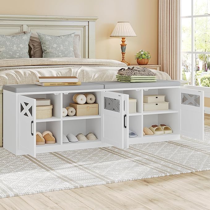 2 Tier Shoe Storage Bench with Doors, 59" Farmhouse Shoe Bench with Padded Cushion, 12-16 Pairs of Bed End Bench, Entryway Bench with Storage for Bedroom, Living Room, White SB61503X