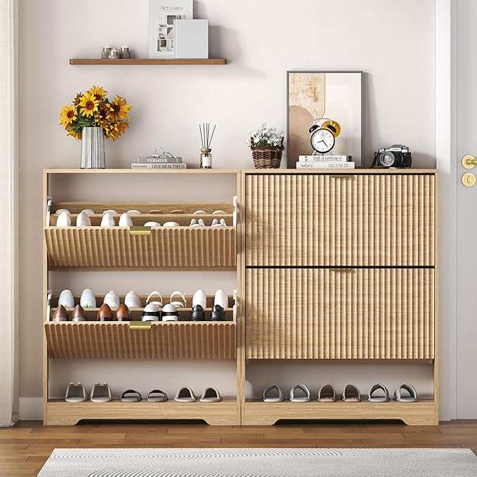 Shoe Cabinet Storage for Entryway with 2 Flip Drawers, Fluted Shoe Cabinet with Open Storage, Wooden Hidden Shoe Rack Freestanding Narrow Slim Shoe Organizer for Hallway, Entrance
