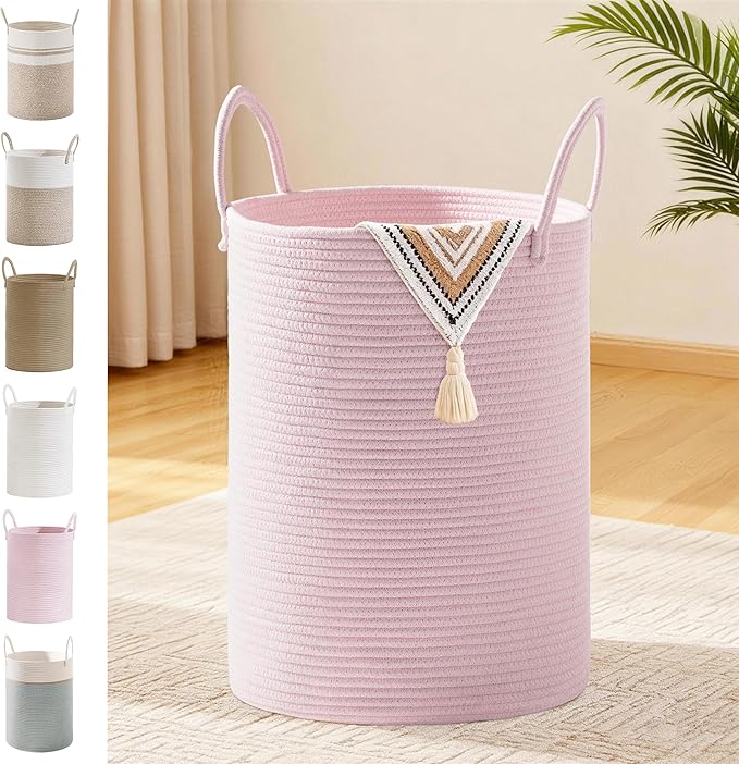 Girls' Tall Laundry Basket with Handles, 58L Portable Dirty Clothes Hamper, Boho Cotton Rope Storage Bin for Blankets Kids Toys Gifts, Decorative Organizer for Nursery Bedroom Bathroom, Pink
