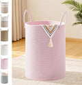 Girls' Tall Laundry Basket with Handles, 58L Portable Dirty Clothes Hamper, Boho Cotton Rope Storage Bin for Blankets Kids Toys Gifts, Decorative Organizer for Nursery Bedroom Bathroom, Pink