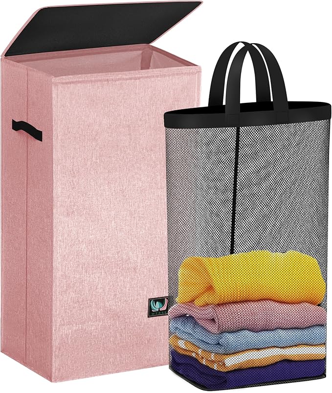 Laundry Hamper with Lid, Reinforced Sturdy Clothes Hamper with Anti-Puncture Base, Large Collapsible Laundry Basket with Removable Liner Bag, Tall Dirty Clothes Bin for Family, 100L Pink