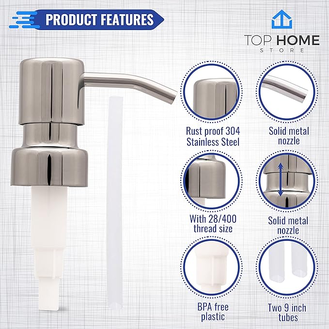 Stainless Steel Soap and Lotion Dispenser Pumps, Replacement for Your Bottles (Chrome, 2 Pack)