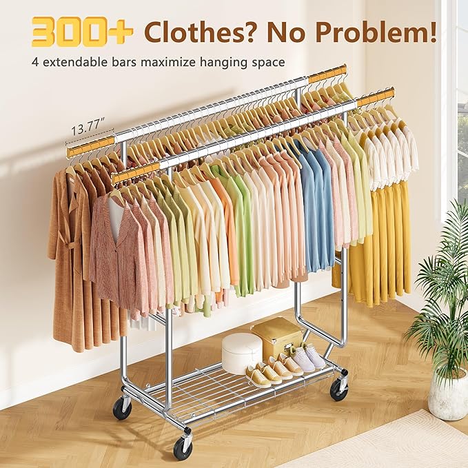 Hoctieon 2-Minute Assembly Double Rod Clothes Rack, Heavy Duty Rolling Clothing Racks with Wheels, Foldable Commercial Garment Rack, Extendable Hanging Bar, Adjustable Metal Pole with Hooks, Chrome