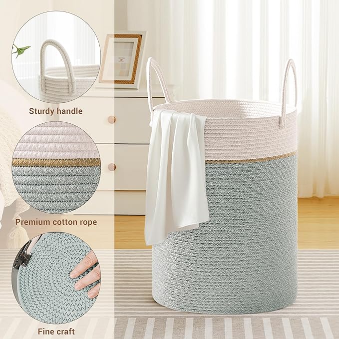 Tall Laundry Basket with Handles, 72L Portable Dirty Clothes Hamper, Boho Cotton Rope Storage Bin for Blankets Kids Toys Gifts, Large Organizer for Baby Nursery Bedroom Bathroom, Sage Green