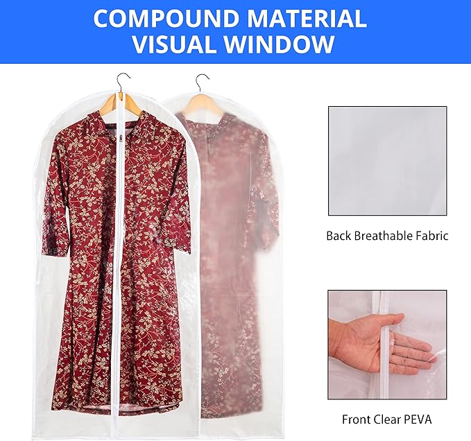 Clear Garment Bag Long Garment Bags for Gowns, Vinyl Dress Bags for Closet Storage, Coat Covers for Closet With Zipper Plastic Garment Bags for Hanging Clothes Long Dress - 24'' X 48''/6 Pack
