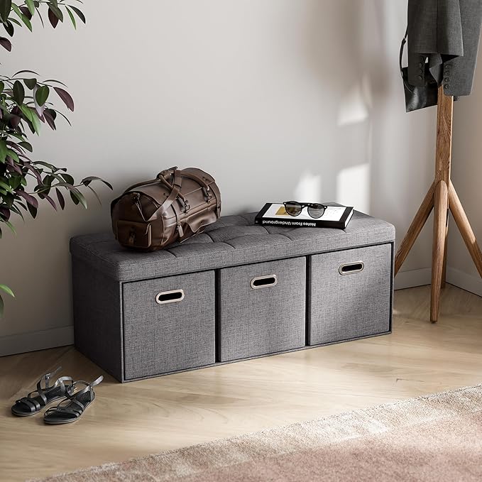 Ornavo Home Storage Ottoman with 3 Drawers, 40 Inches Long Foldable Tufted Linen Large Bench Ottoman with Storage, Foot Rest Stool Seat, for Living Room, Bedroom, Entryway, Dark Gray