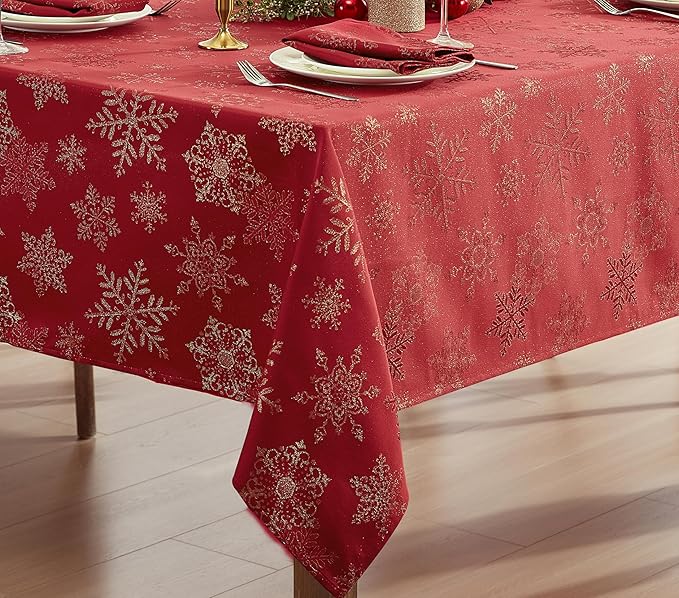 Newbridge Fancy Metallic Snowflake Christmas Fabric Tablecloth, 60 x 102 Inch Rectangle, Red Gold, No-Iron Soil Resistant Sparkling Snowflakes Woven Holiday Table Cover