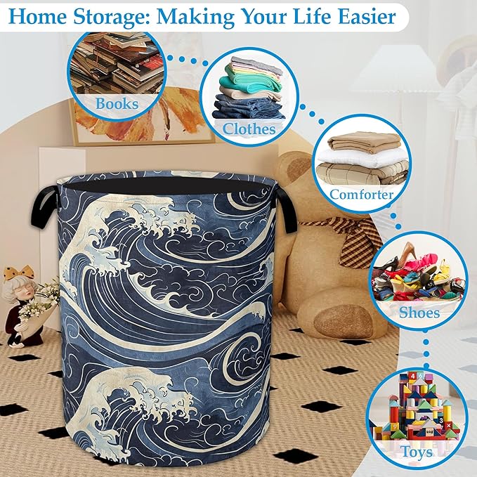 Vintage Sea Waves Large Storage Basket Collapsible Laundry Basket Oxford Storage Bin for Toy Bins Gift Baskets Bedroom Clothes Children Nursery Hamper 16" X 20.8"