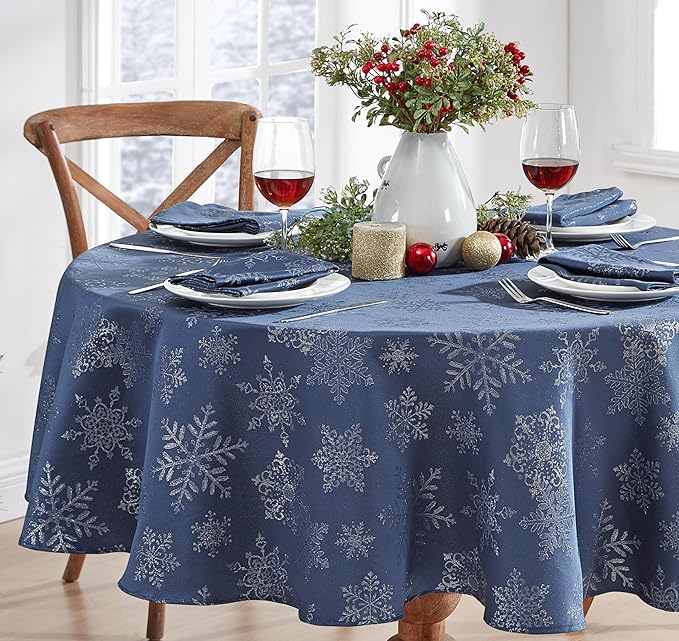 Newbridge Fancy Metallic Snowflake Christmas Fabric Tablecloth, 70 Inch Round, Navy Silver, No-Iron Soil Resistant Sparkling Snowflakes Woven Holiday Table Cover