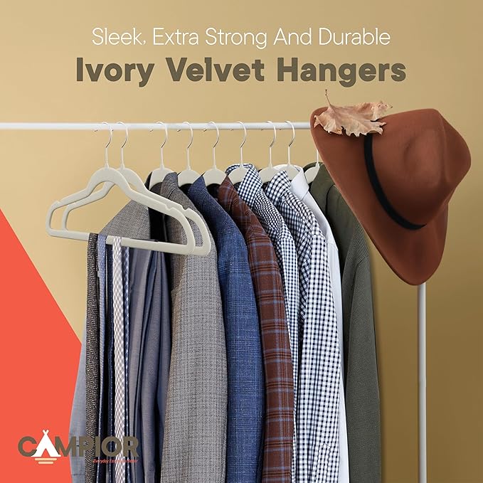 Ivory Velvet Hangers 50 Pack – 360° Swivel Hook, Non-Slip and Space Saving Hangers, Heavy-Duty 11 lbs Weight Capacity - Smooth Velvet Finish for Crease-Free Clothes and Effortless Closet Organization