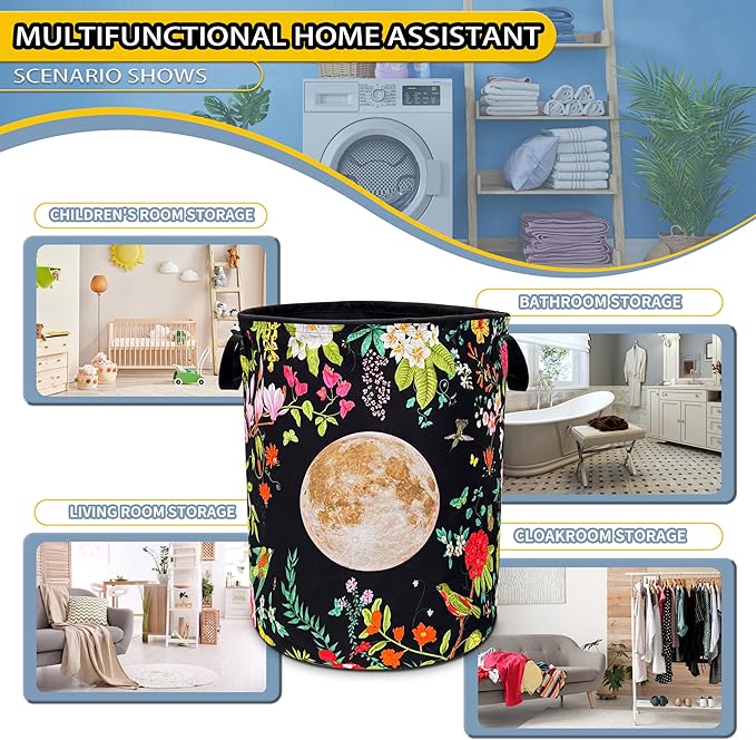 Moon Flower Laundry Basket Beautiful Floral Foldable Oxford Cloth Funny Tote Bag Laundry Hamper Clothes Storage Bucket Toy Organizer For Bathroom/Laundry Storage/Bedroom 18.9x16.5 Inch