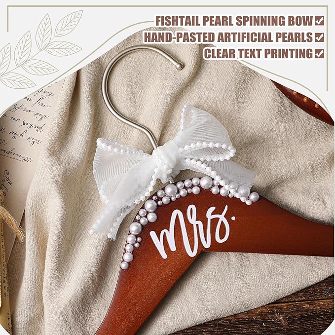 Bride Wedding Dress Pearl Mrs. Hanger with Pearl Ribbon Bow Elegant Wooden Dress Hanger to Be Ideal Keepsake for Wedding Day Gift(Walnut,Mrs)