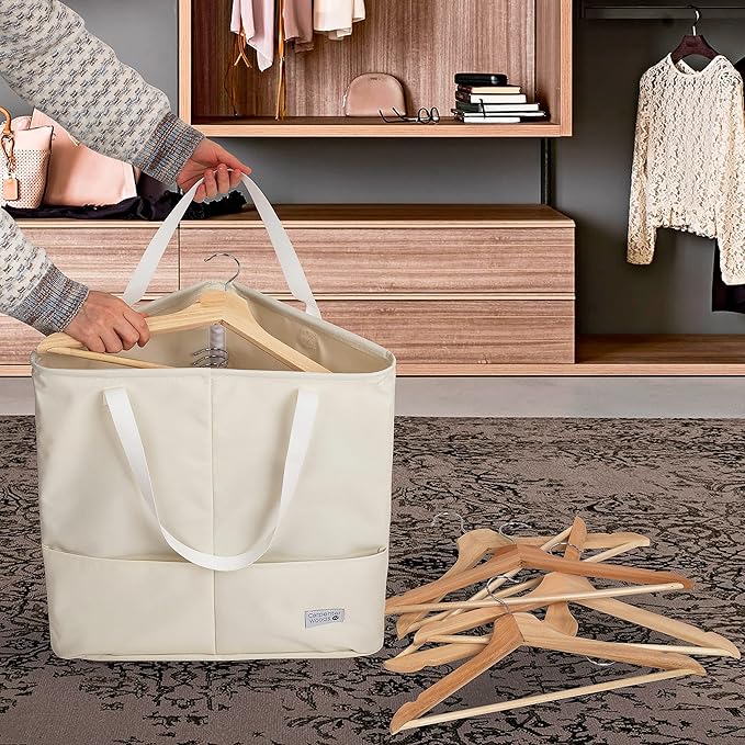 Clothes Hanger Organizer Bag with Handles, Hanger Holder, Hanger Storage, Hanger Stacker, Hanger Caddy, Closet Laundry Hamper Corner Bathroom Organizer Triangle storage (Beige White)