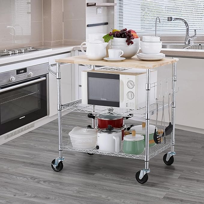 Finnhomy 3-Tier Rolling Kitchen Cart With 18" D x 30" W Oak Wood Tabletop, Kitchen Island With 4" Wheels and Slider Shelf, Microwave & Coffee Cart With Hooks for Dining Room, Chrome