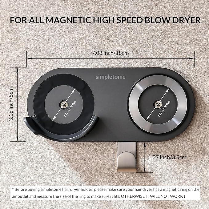 simpletome Hair Dryer Holder Wall Mount for All Magnetic High Speed Blow Dryer with Plug Cord Organizer Hook (ABS Plastic, Grey)