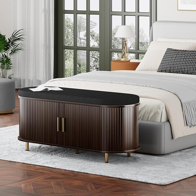 DHH 2-Tier Storage Bench, 43.3" Wide Shoe Bench with Thickened Padded Seat Cushion, Mid Century Modern Fluted Sliding Door and Adjustable Shelf, for Entryway, Living Room, Bedroom(Dark Walnut)
