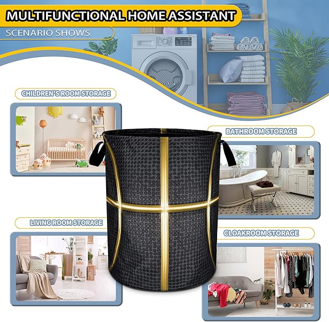 Black And Gold Basketball Laundry Basket Foldable Oxford Cloth Funny Tote Bag Laundry Hamper Clothes Storage Bucket Toy Organizer For Bathroom/Laundry Storage/Bedroom 18.9x16.5 Inch