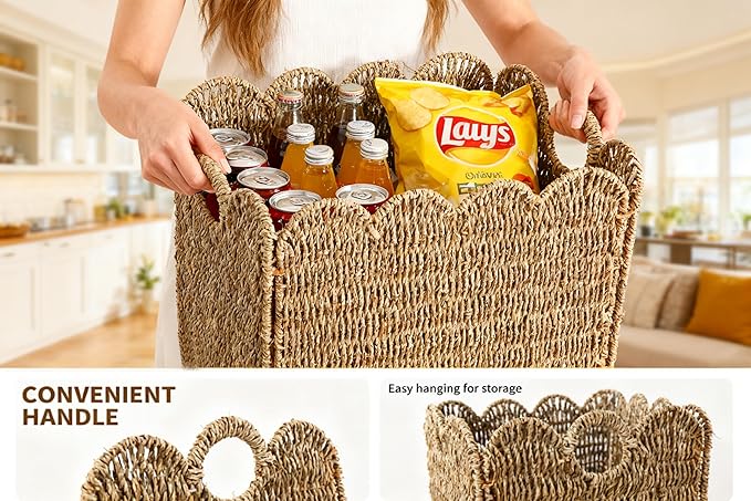 Scalloped Wicker Storage Cubes Basket, 12”x12“ Heavy Duty Paper rope/Hyacinth/Seagrass Baskets for Shelves, Foldable Natural Boho Square Bins (Seagrass, 12 x 12 x 12in, 4-Pack)