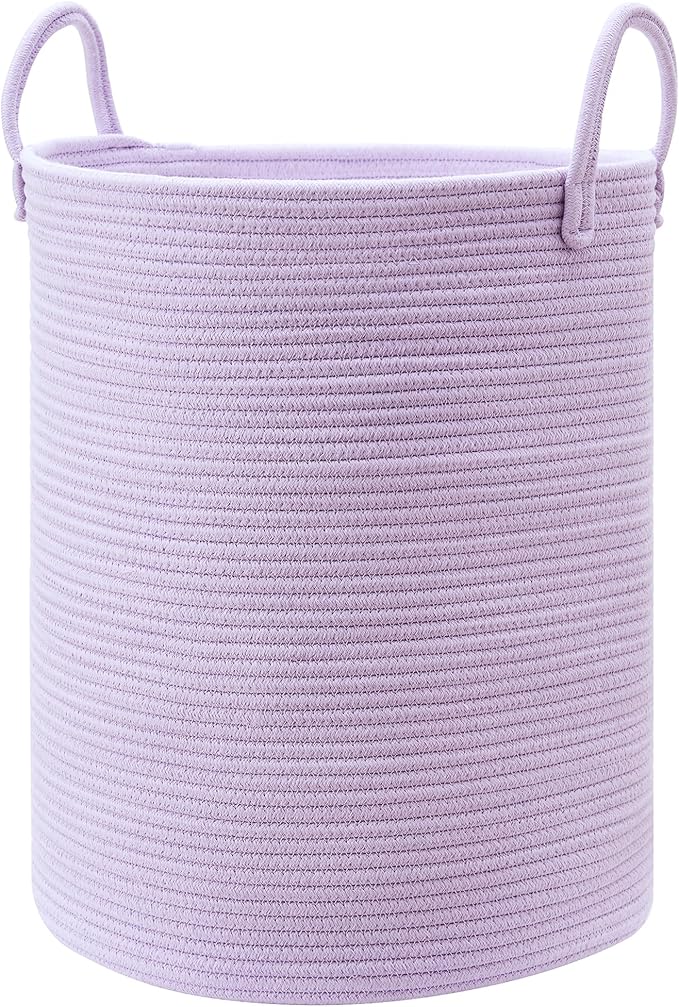 60L Large Purple Hamper Laundry Basket for Nursery Kids Tall Lavender Blanket Basket for Girls Cotton Rope Lilac Clothes Hamper in Bedroom 15Dx20H inches