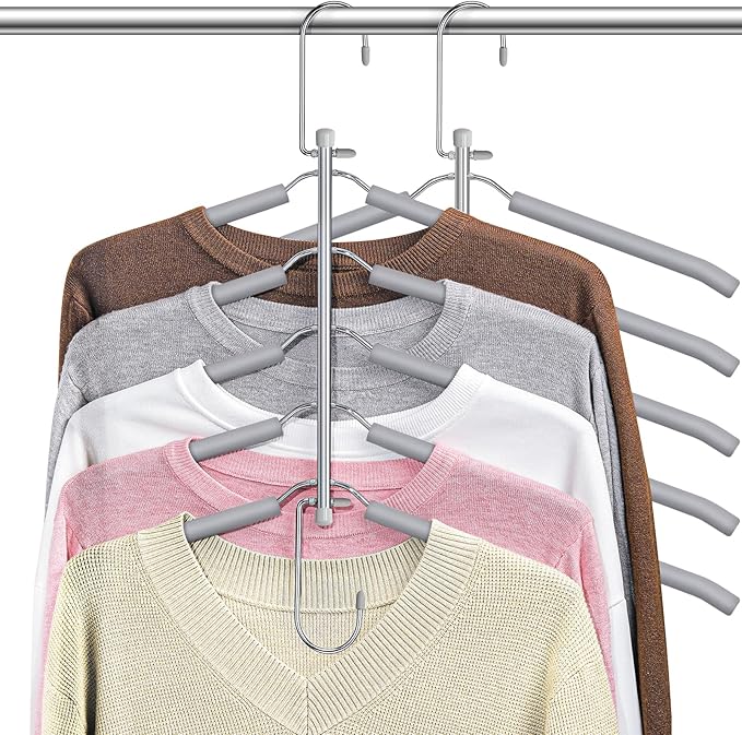 Clothes Hangers Space Saving Shirt Organizer, Non Slip Multi Shirt Hangers for Closet with Foam Padded Closet Organizers and Storage for Sweater Hoodie Blouse Coat Dress Short Grey 2 Pack