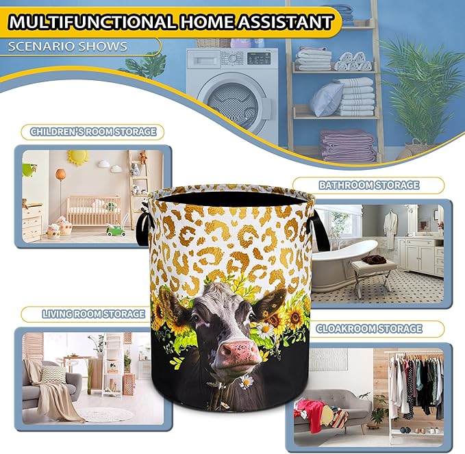 Cow Laundry Basket Sunflower Leopard Print foldable Oxford Cloth Funny Tote Bag Laundry Hamper Clothes Storage Bucket Toy Organizer For Bathroom/Laundry Storage/Bedroom 18.9x16.5 Inch