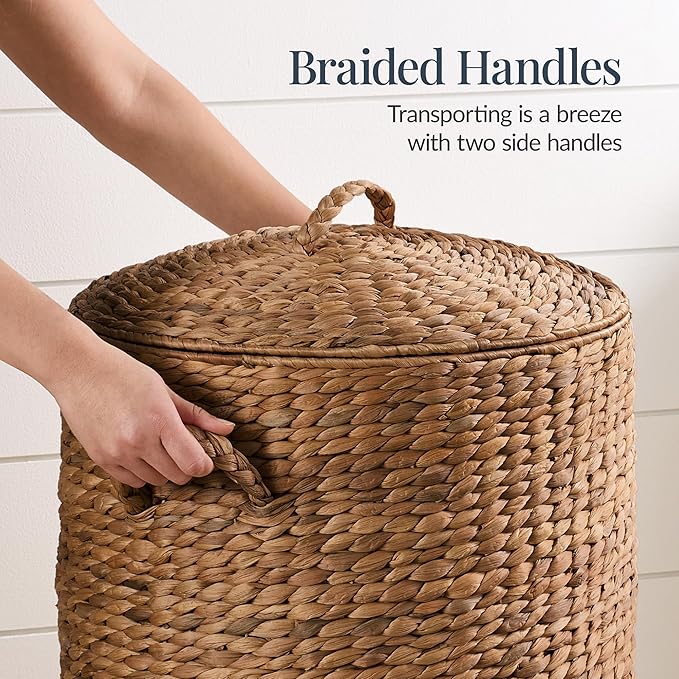 Best Choice Products Round Laundry Hamper w/Lid, Handwoven Laundry Basket, Built-in Handles & Removable Liner for Clothes, Towels, Blanket & Storage Organization - Chestnut