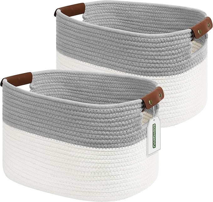 Cotton Rope Storage Baskets,15x10x9 in,Foldable Storage Bins, Decorative Woven Basket Cube Storage Organizer for Laundry, Towel, Clothes (White/Grey-2Pack, 15x10x9 inches)