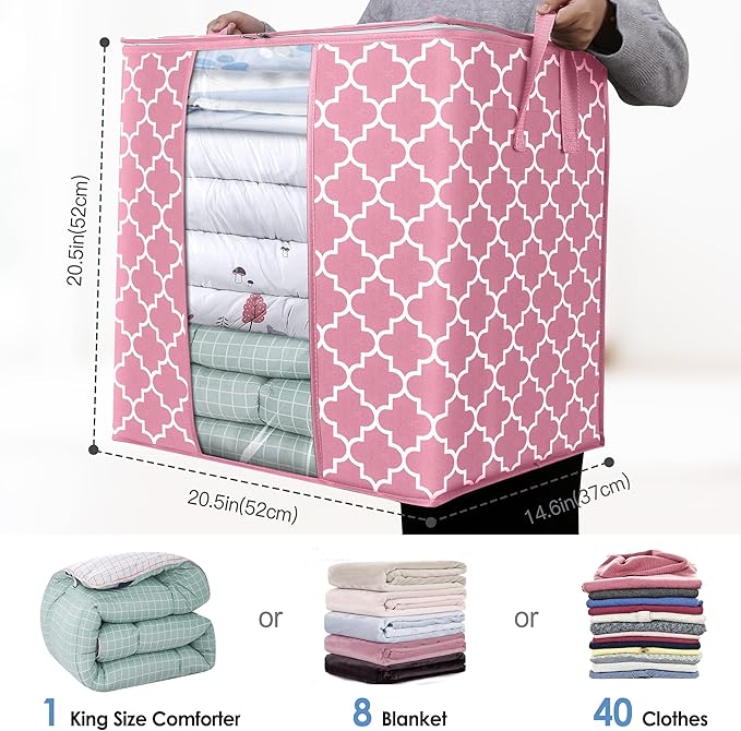 WISELIFE Storage Bags 4 Pack/100L Large Blanket Clothes Organization and Storage Containers for Comforters,Bedding, Foldable Organizer with Reinforced Handle, Clear Window, Sturdy Zippers,Pink