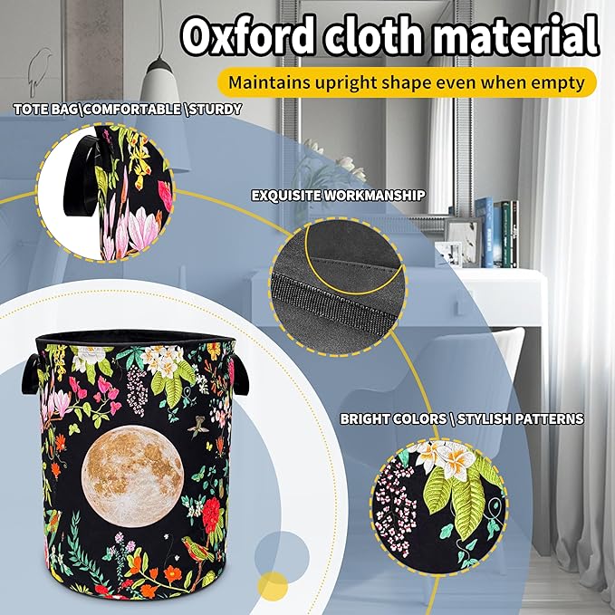 Moon Flower Laundry Basket Beautiful Floral Foldable Oxford Cloth Funny Tote Bag Laundry Hamper Clothes Storage Bucket Toy Organizer For Bathroom/Laundry Storage/Bedroom 18.9x16.5 Inch