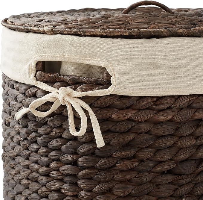 Casafield Round Laundry Hamper with Lid and Removable Liner Bag - Espresso Dark Brown, Woven Water Hyacinth Wicker Laundry Basket for Clothes, Towels